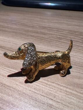 Gold Dachshund Dog Brooch Pin with Crystal Ear Accent